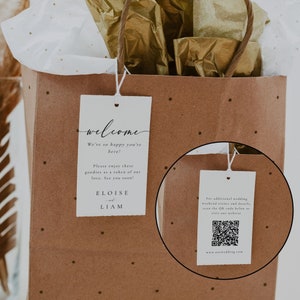 Welcome Bag Tags Modern, Destination Wedding Welcome Tag With QR code, Minimalist Hotel Guest Welcome Note, Editable Instant Download- SS006