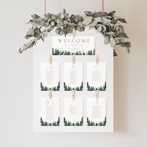 Alphabetical Seating Plan Template, Seating Chart Cards For Mirror, Mountain Wedding Signs, Woodland Trees, Editable Instant Download- SS013