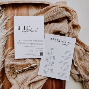 Wedding Bag Tags With Schedule, Welcome Bag Detail Card Template, Wedding Day Itinerary, QR code For Photos, Editable Instant Download SS020