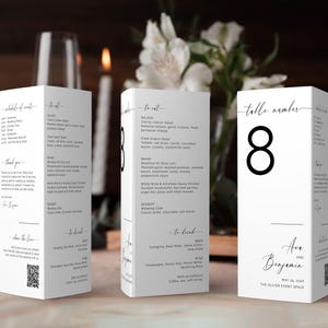 Tri Fold Table Numbers Template, Wedding Table Numbers With QR code, Trifold Menu Card, Guest Photo Sharing, Editable Instant Download SS002