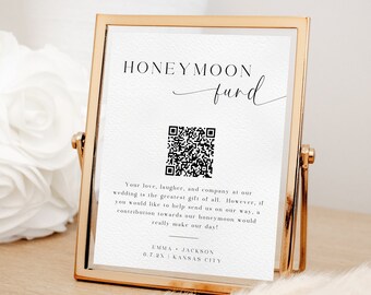Honeymoon Fund With QR code Sign, Modern Honeymoon Wish Sign Template, Cash Gift Sign, Minimalist Wedding, Editable Instant Download- SS010
