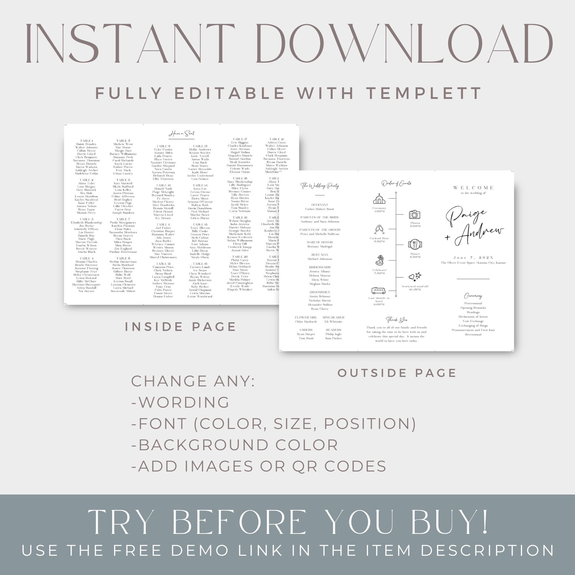 Wedding Program Template With Seating Chart, Trifold Wedding Program ...