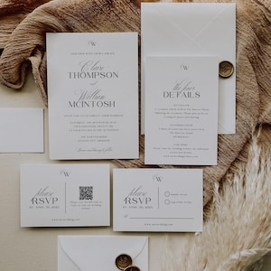 May include: Elegant wedding invitation suite featuring a main invitation, details card, RSVP cards, and envelopes. The stationery is white with black text and a monogram. Gold wax seals add a touch of luxury. The overall aesthetic is minimalist and sophisticated.