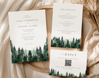 Mountain Wedding Invitations With QR code Template, Woodland Forest Invite Suite, Rustic Pine Tree Instant Download SS013