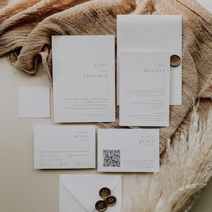 May include: White wedding invitation suite with a minimalist design. The invitation features the names "Elle and Lincoln" and the date "Saturday, June 8, 2020". The RSVP card includes a QR code and a section for guests to indicate their attendance.
