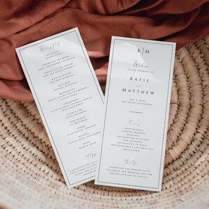 May include: Wedding ceremony program with the names Katie and Matthew, the date May 4, 202X, and the location San Diego, California. The program lists the officiant, wedding party, and ceremony order.
