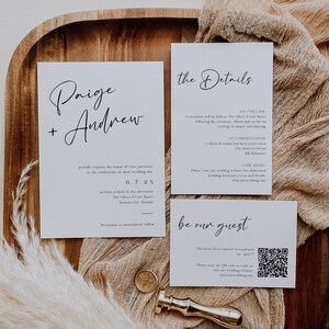 May include: Wedding invitation suite with white cards and black calligraphy. The cards include the names Paige and Andrew, the details of the wedding ceremony and reception, and a request to RSVP. The invitation also includes a QR code for guests to RSVP online.