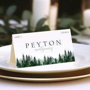 Place Card With Meal Option Template, Woodland Wedding Place Card, Meal Choice Escort Card, Mountain Pines, Editable Instant Download- SS013