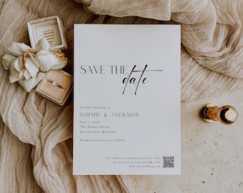 Save The Date Card With QR code, Minimalist Wedding Announcement, Modern Script, DIY Printable Editable Template, Instant Download- SS020