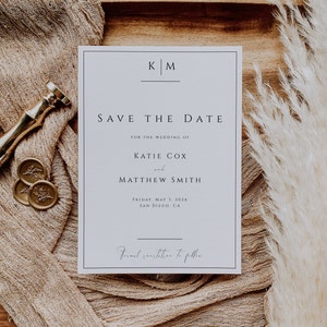 Save The Date Template, Minimalist Monogram Save The Date, Classic Monogram And Border, Timeless Wedding, Editable Instant Download- SS003