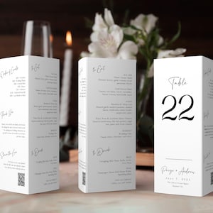 Wedding Tri-Fold Table Number Template, Table Number Sign With QR code, Triangle Stand Menu, Share The Love, Editable Instant Download SS015