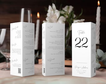 Wedding Tri-Fold Table Number Template, Table Number Sign With QR code, Triangle Stand Menu, Share The Love, Editable Instant Download SS015