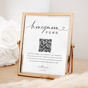 Honeymoon Fund With QR code Sign, Simple QR code Wedding Sign Template, Modern Minimalist, Honeymoon Wish, Editable Instant Download- SS012