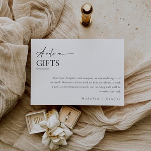 A Note On Gifts Card, Wedding Registry Insert Card, Custom Invitation Enclosure, Honeymoon Fund, House Fund, Editable Instant Download SS014