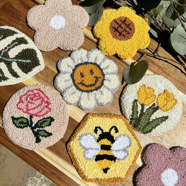 Flower Coasters, Spring Decor, Mother's Day Gifts, Punch Needle Floral Coasters, Rose, Tulip, Daisy, Honey Bee, Gifts for Gardeners, Flowers