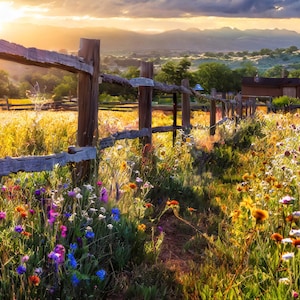 May include: A wooden fence runs along a field of wildflowers in a rural setting. The flowers are in various colors, including purple, yellow, white, and orange. The sun is setting in the background, casting a warm glow over the scene.