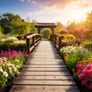 May include: A wooden bridge spans a garden bursting with colourful flowers. The bridge has wooden railings and leads to a small wooden structure. The garden features a variety of flowers in shades of pink, red, and white, creating a picturesque scene.