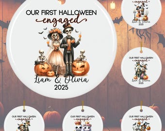 Personalized Our First Halloween engaged ornament Custom Names new engaged couple gift 1st halloween Spooky skeletons ghosts engagement gift
