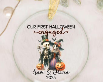 Personalized Our First Halloween engaged glass ornament, Custom Names Halloween engaged couple gift, Spooky Cute skeletons engagement gift