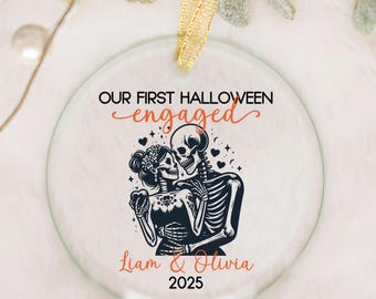 Personalized Our First Halloween engaged glass ornament, Custom Names Halloween engaged couple gift, Spooky Cute skeletons engagement gift