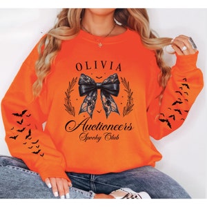 Spooky Social Club Auctioneer Halloween sweatshirt, Bats on sleeves, Personalized Halloween Auction Host shirt, Custom Name Auction Gift