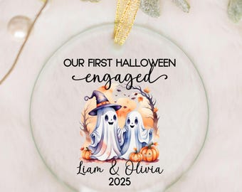 Personalized Our First Halloween engaged glass ornament, Custom Names Halloween engaged couple gift, Spooky Cute ghosts engagement gift