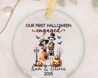 Personalized Our First Halloween engaged glass ornament, Custom Names Halloween engaged couple gift, Spooky Cute skeletons engagement gift