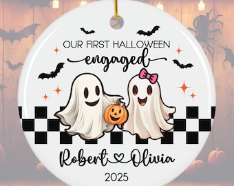 Personalized Our First Halloween engaged ornament, Custom Names newly engaged couple gift, Spooky Cute Retro Ghosts engagement gift