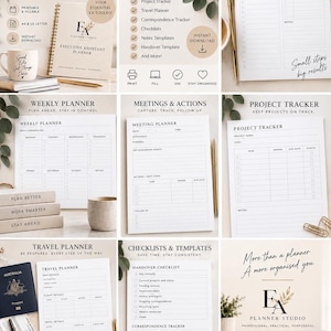 May include: A digital executive assistant planner toolkit featuring various printable templates including a daily planner, weekly planner, meeting planner, project tracker, travel planner, and checklists with black text on white paper.