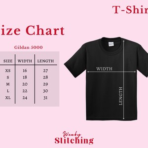 May include: Black t-shirt with a size chart and the text "T-Shirts". The size chart shows measurements for XS to XL sizes, with widths from 16 to 24 inches and lengths from 27 to 31 inches. The brand is Gildan 5000.
