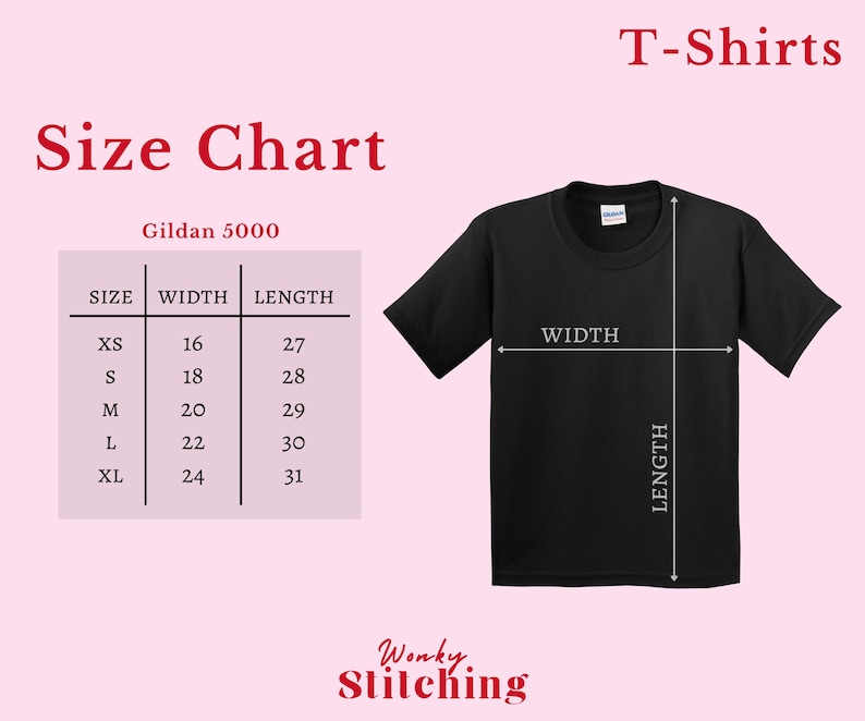 May include: Black t-shirt with a size chart and the text "T-Shirts". The size chart shows measurements for XS to XL sizes, with widths from 16 to 24 inches and lengths from 27 to 31 inches. The brand is Gildan 5000.