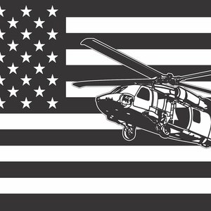 Może przedstawiać: Czarno-biała ilustracja helikoptera lecącego nad amerykańską flagą. Helikopter jest w sylwetce, a flaga w tle.