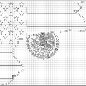Könnte beinhalten: Eine Schwarz-Weiß-Strichzeichnung einer Flagge, die die amerikanische und die mexikanische Flagge kombiniert. Der amerikanische Flaggenabschnitt zeigt Sterne und Streifen, während der mexikanische Flaggenabschnitt das Wappen enthält.