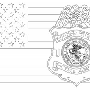 May include: A black and white line drawing of the US flag with a badge for the US Border Patrol. The badge features an eagle with outstretched wings, a circle with the words "Department of Justice" and "US Immigration and Naturalization Service", and the words "Border Patrol" and "Patrol Agent".