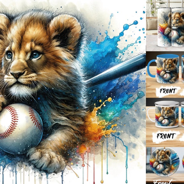 Colorful Lion Cub Art Digital Download, Watercolor Baseball Print, Nursery Animal Wall Decor, Kids Room Poster, 20oz Tumbler Design