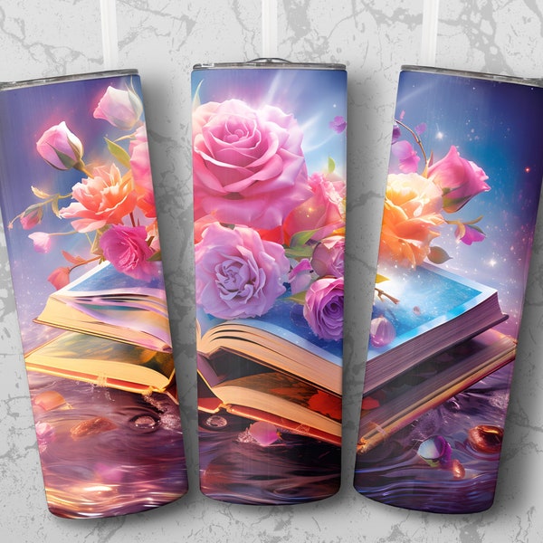 Aquarell Blumen Buch 20 oz Skinny Tumbler Sublimation Design, Straight & Tapered Wrap, Tumbler Wrap, Png, Instant Download