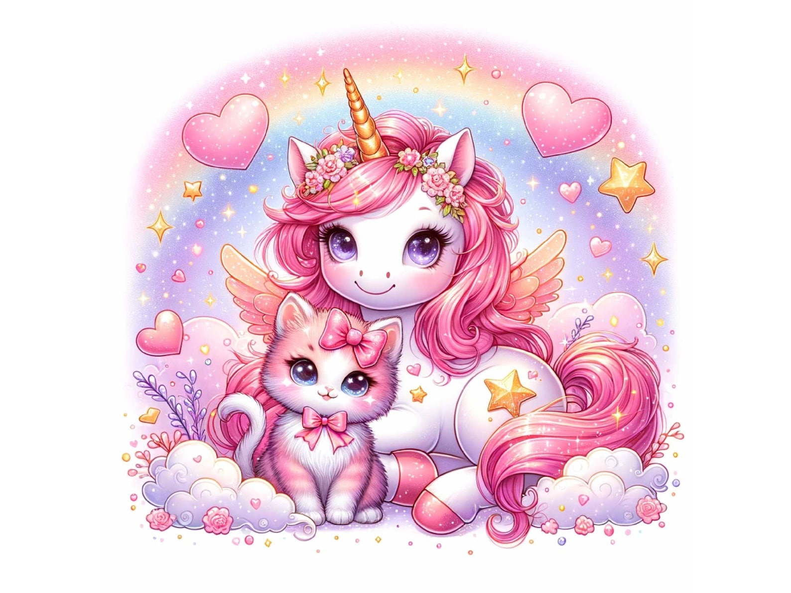 Unicorn and Kitten Digital Clipart, Cute Fantasy Animals PNG, Instant