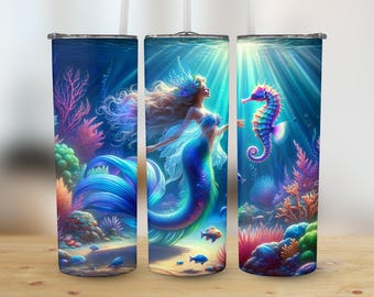 20 oz Mermaid Tumbler Design, Underwater Theme Tumbler PNG, Instant Download Tumbler Wrap, Ocean Scene Tumbler Art
