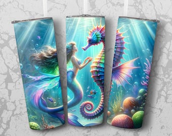 Mermaid and Seahorse Tumbler Design, 20 oz Straight and Tapered PNG, Underwater Fantasy Art, Digital Download