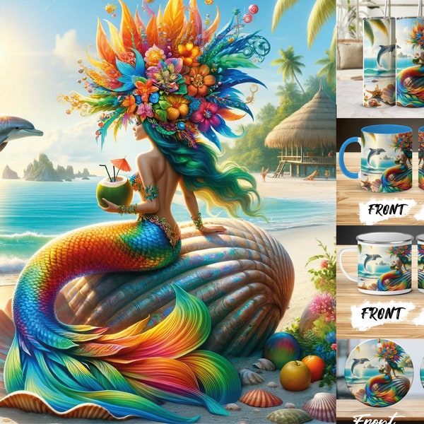 Mermaid Fantasy Art Digital Print, Tropical Beach Ocean Decor, 11oz 15oz Mug Design, Ornament Graphic, 20oz Tumbler