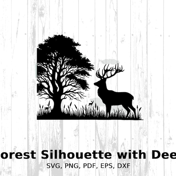 Forest Silhouette Clipart, Deer and Trees Vector, Digital Download, dxf, eps, pdf, png, Wildlife Scene, Nature Landscape Graphic, diy Craft