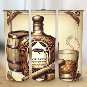 Vintage Whiskey Bottle Digital Print, Cigar and Whiskey Glass Artwork, Tumbler PNG, 20OZ Straight and Tapered Wrap Instant Download