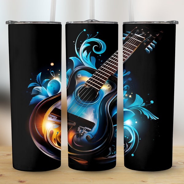 20 oz Skinny Tumbler Design, Guitar with Floral Motif, Music Themed Sublimation Wrap, Taperedand Straight PNG, Digital Download