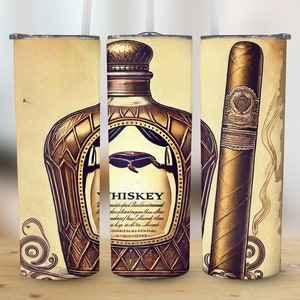 Whiskey Bottle and Cigar Digital Print, Vintage Style Whiskey Art Download, Tumbler PNG, Straight and Tapered Wrap
