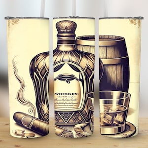 Vintage Whiskey Bottle Digital Print, Whiskey Barrel and Cigar Art, Instant Download Tumbler PNG, 20OZ Straight and Tapered Wrap