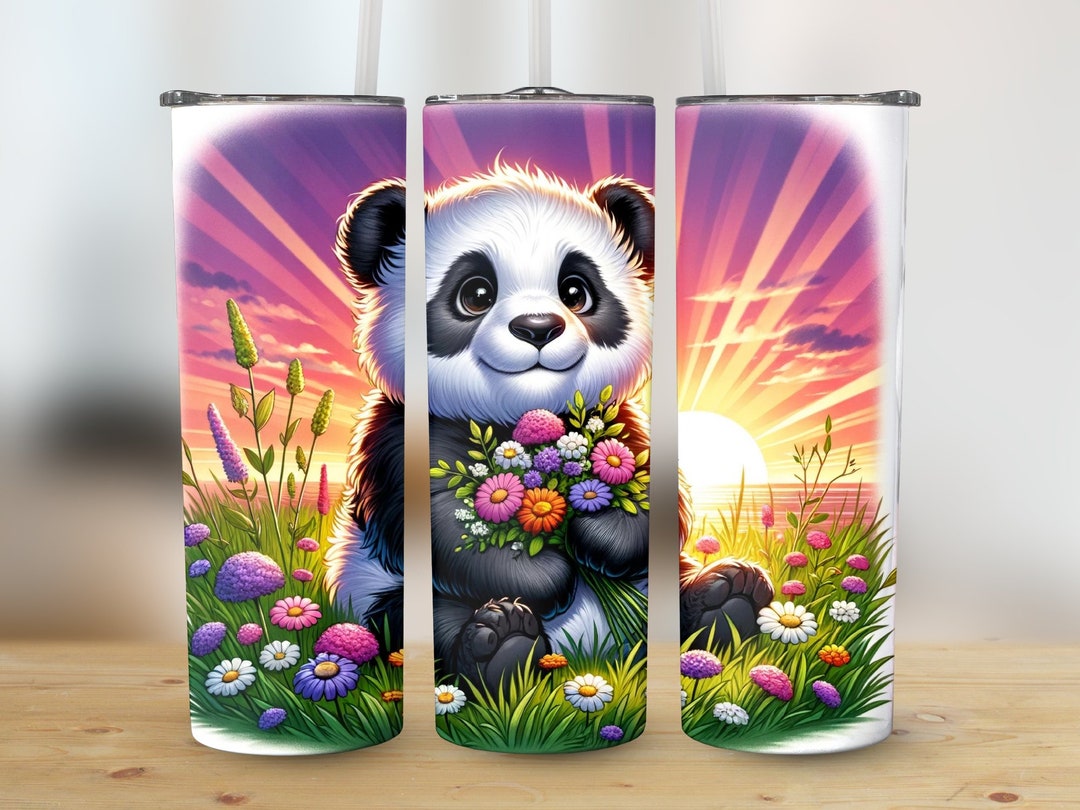 20 Oz Skinny Tumbler Sublimation Wrap, Cute Panda With Flowers Design ...