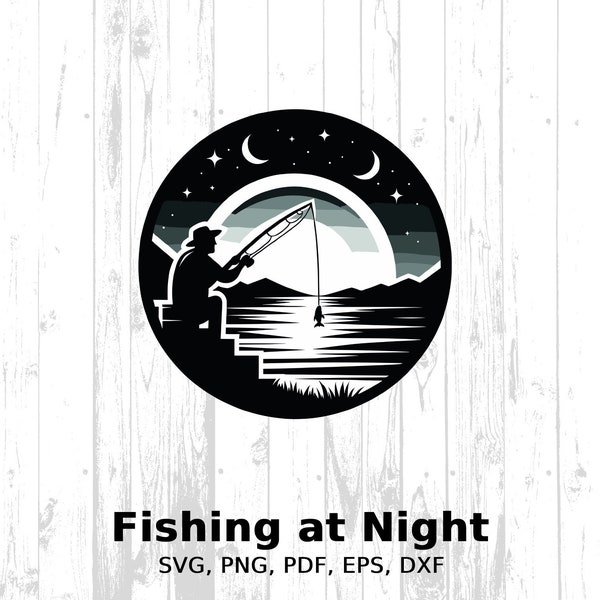 Fishing Mountain Lake Digital Art, Silhouette Fisherman Clipart, dxf eps pdf png, Scenic Landscape Download, Sunset Nature Graphic