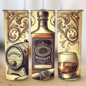 Whiskey Retro Vintage Tumbler Wrap, Digital Download, 20OZ Straight and Tapered, Antique Whiskey Bottle and Barrel Art