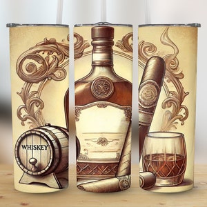 Whiskey Bottle Digital Art, Whiskey Barrel Tumbler SVG, Whiskey Glass PNG, Cigar Illustration, Vintage Alcohol Print