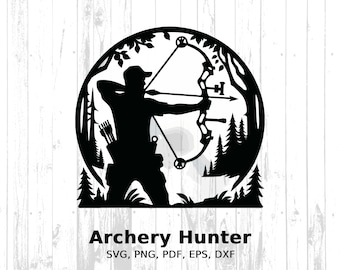 Könnte beinhalten: Schwarze Silhouette eines Bogenschützen, der einen Bogen spannt, umgeben von Bäumen und Blättern in einem Kreis. Der Text "Archery Hunter" steht darunter. Vektorgrafik für digitale Anwendungen.